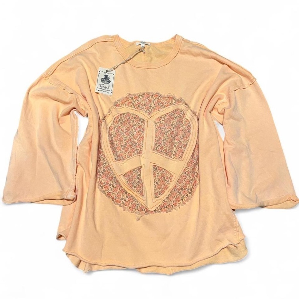 Tranquility Peace Sign Mineral Washed Terry Knit Top - Cantaloupe - Picture 3 of 7